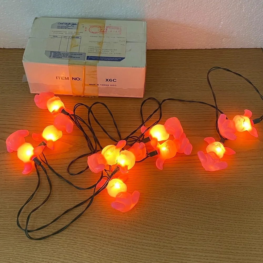 Vintage Easter Bunny Blow Mold String Lights Pink Rabbits Set of 10 Carol Wright